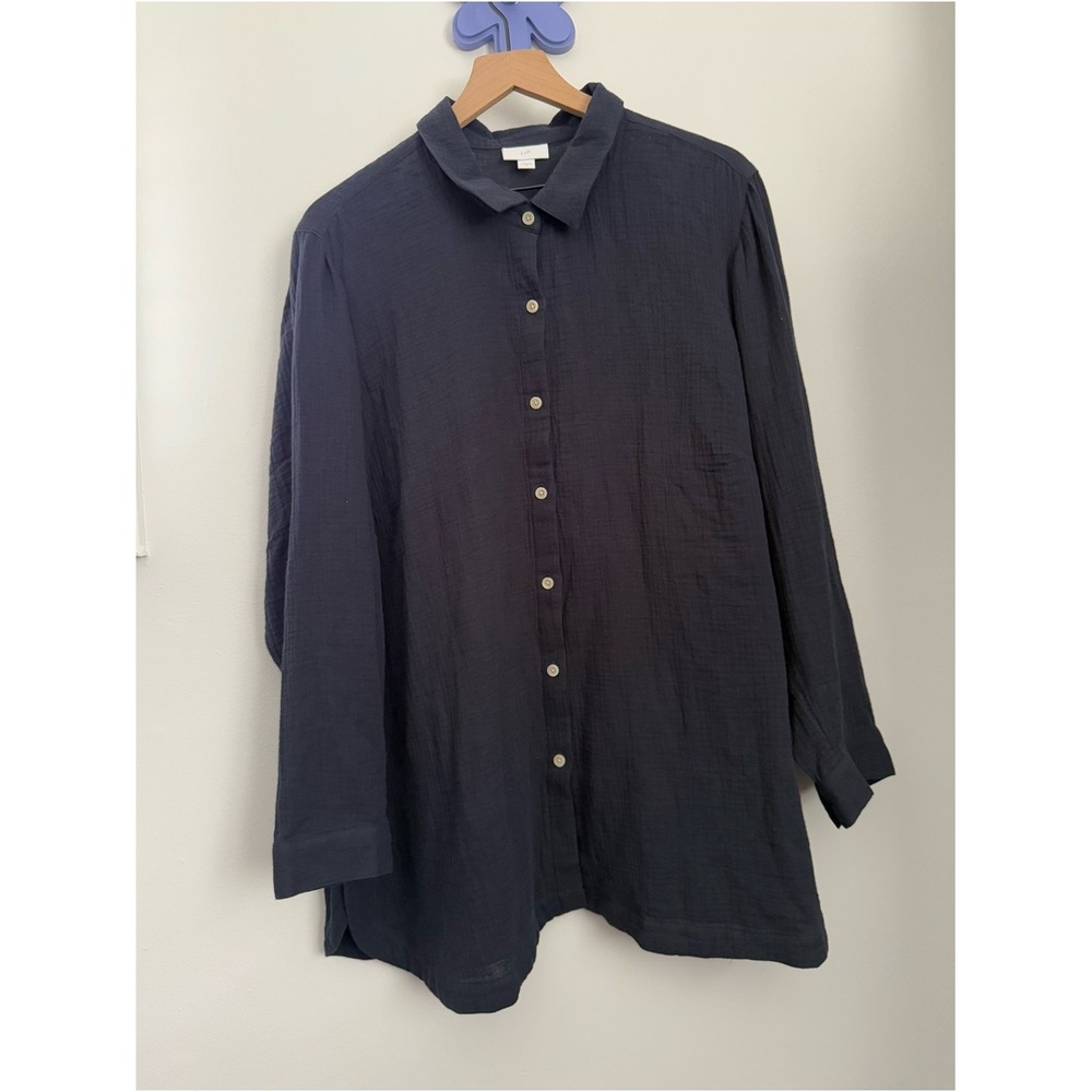 J.Jill 3X Navy Cotton Gauze Long Sleeve Button Up Shirt Coastal Beach Nautical